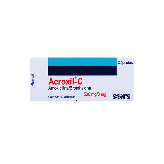 Acroxil-C 500 mg/8 mg con 12 cápsulas (Amoxicilina/Bromhexina)