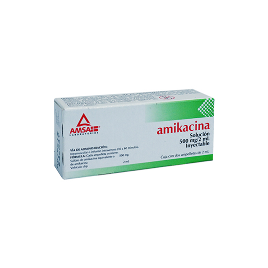 Amikacina 500 mg/2 mL solución inyectable con 2 frascos ámpula con 2 mL (AMSA)