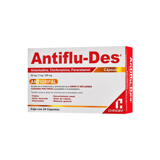 Antiflu-Des 50 mg/3 mg/300 mg con 24 cápsulas (Amantadina/Clorfenamina/Paracetamol)