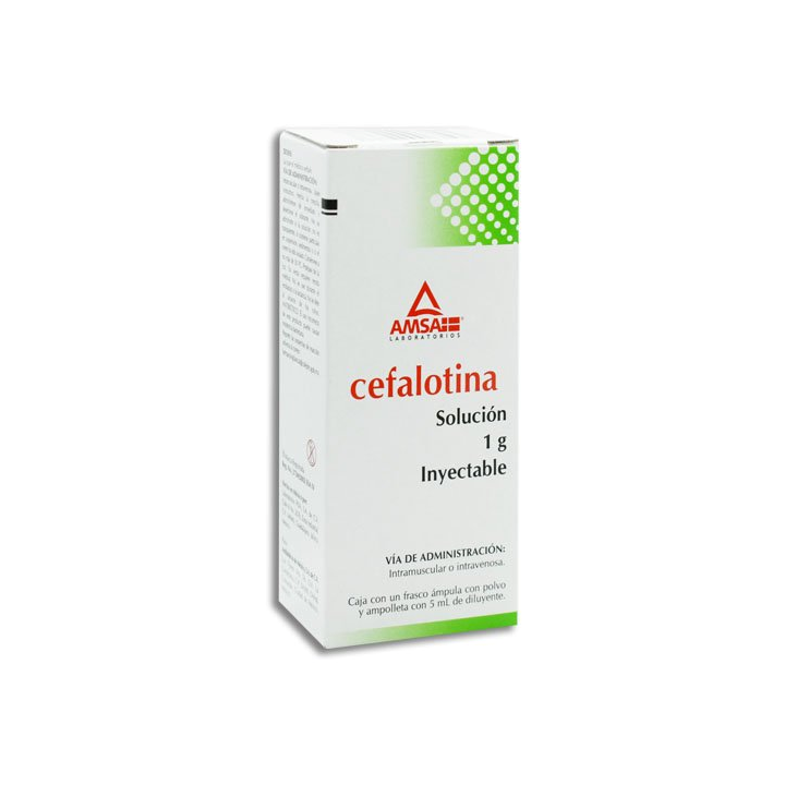 Cefalotina 1 g suspensión inyectable, caja con 1 frasco ámpula con polvo y 1 ampolleta con 5 mL de diluyente (AMSA)