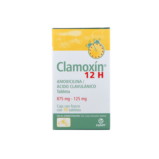 Clamoxin 12 H 875 mg/125 mg con 10 tabletas (Amoxicilina/Ácido Clavulanico)