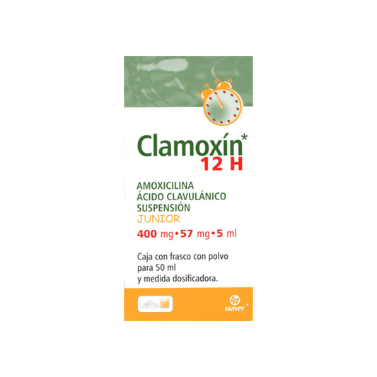 Clamoxin 12 H Junior 400 mg/57 mg/5 mL suspensión oral frasco con 50 mL (Amoxicilina/Ácido Clavulánico)