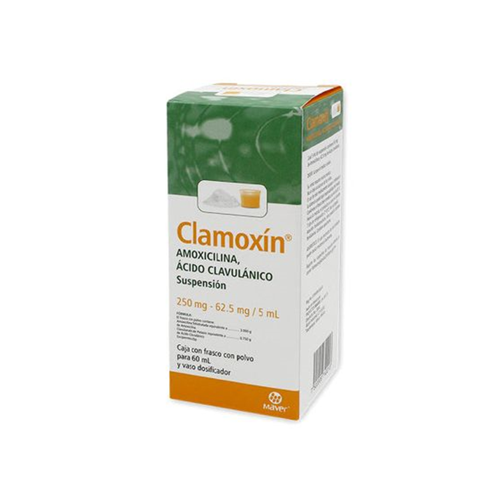 Clamoxin 250 mg/62.5 mg/5 mL suspensión oral frasco con 60 mL (Amoxicilina/Ácido Clavulánico)