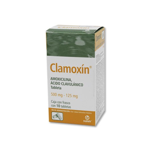 Clamoxin 500 mg/125 mg con 10 tabletas (Amoxicilina(Ácido Clavulánico)