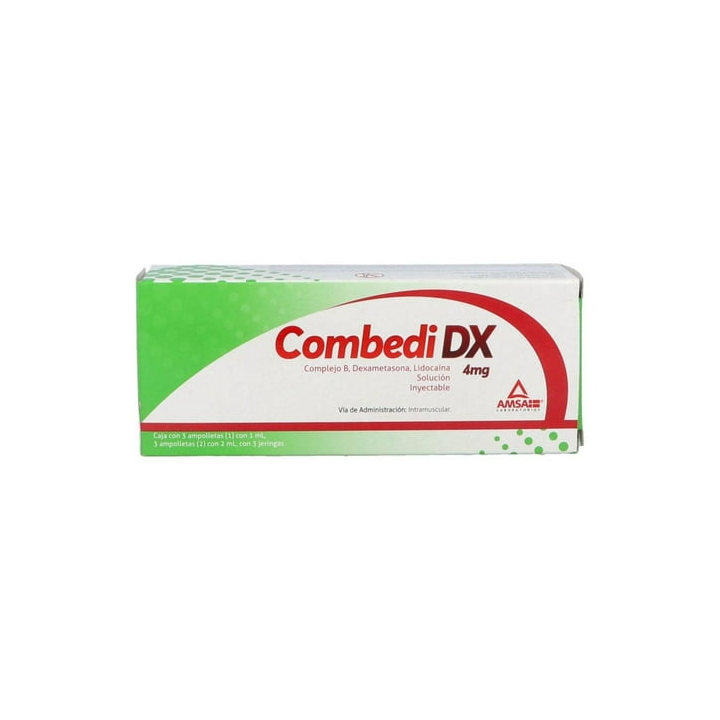 Combedi DX 100 mg/100 mg/mL 5 mg/4 mg/30 mg/2 mL solución inyectable caja con 6 ampolletas (Piridoxina/Tiamina/Cianocobalamina/Dexametasona/Lidocaína)