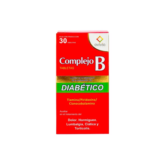 Complejo B Diabético 100 mg/5 mg/0.05 mg con 30 tabletas (Tiamina/Piridoxina/Cianocobalamina)