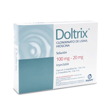 Doltrix 100 mg/20 mg solución inyectable caja con 3 ampolletas No. 1 de 2 mL y 3 ampolletas No. 2 de 2 mL (Clonixinato de lisina/Hioscina)