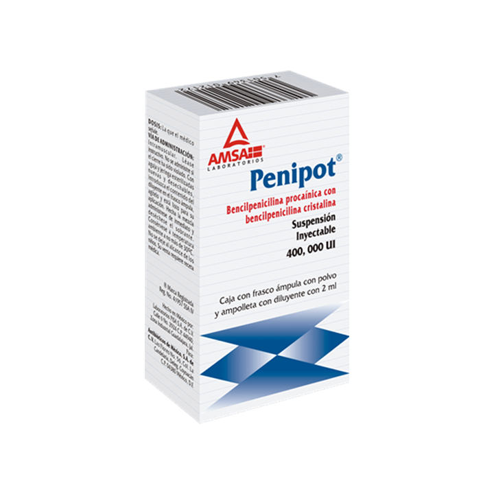 Penipot 400,000 UI/2 mL suspensión inyectable intramuscular frasco ámpula con 2 mL (Bencilpenicilina cristalina/Bencilpenicilina Procaínica)