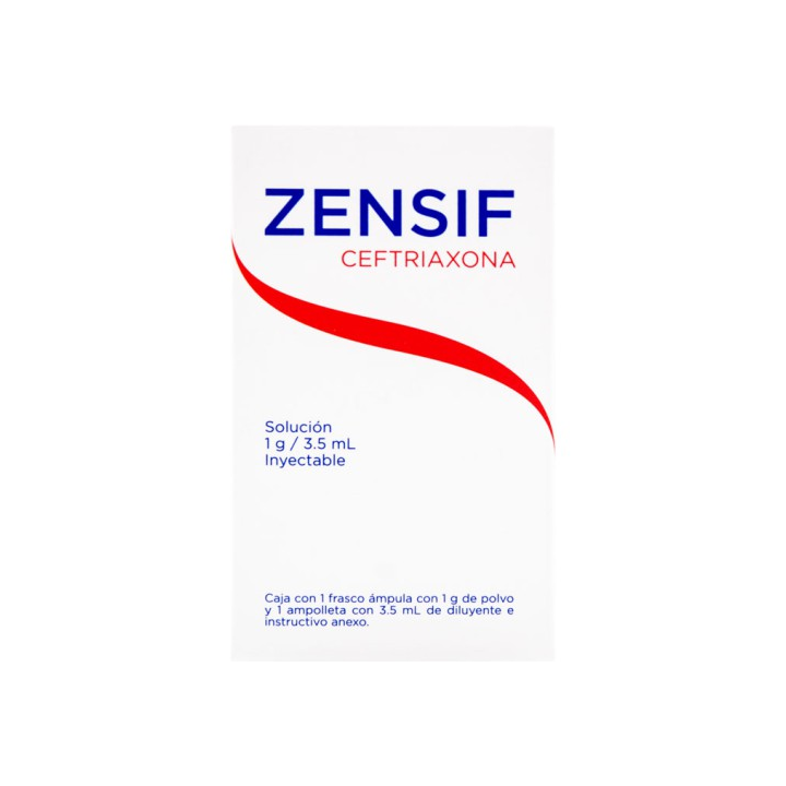 Zensif 1 gr/3.5 mL solución inyectable intramuscular con 1 frasco ámpula con 1 g de polvo y 1 ampolleta con 3.5 mL de diluyente (Ceftriaxona)